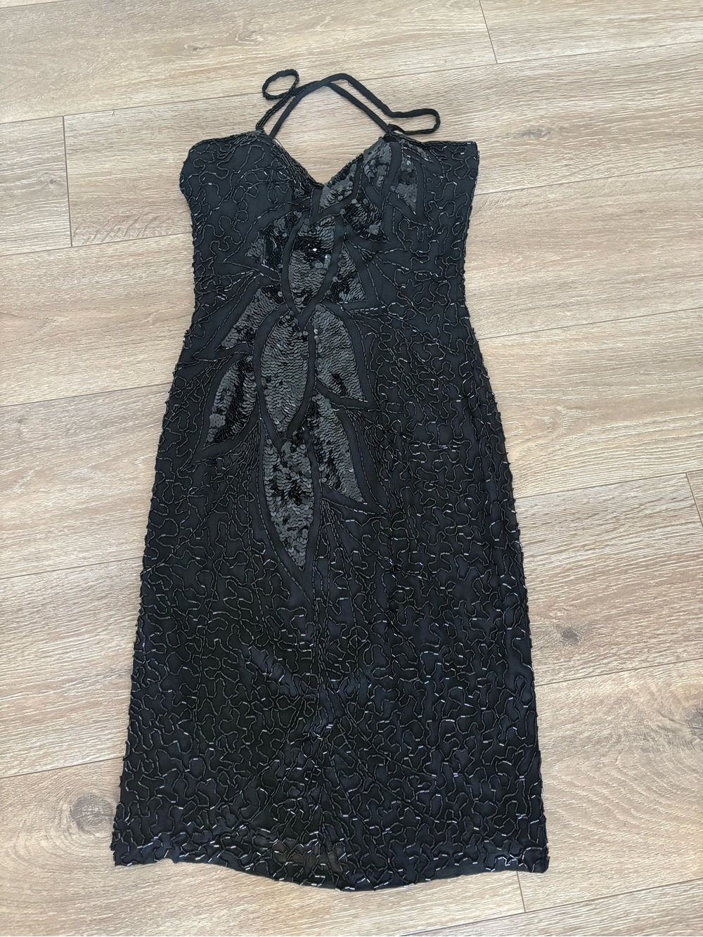 Black Beaded Halter Evening Dress